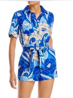 Farm Rio Blue Floral Button-Front Short Sleeve Romper size M 782